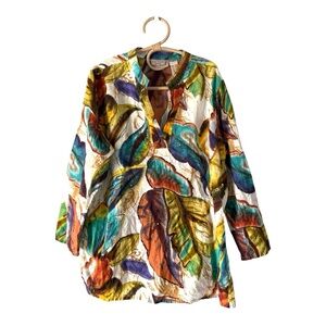 Life Style Split Neck Tunic Top Blouse Multicolor Tropical Leaf Print Size 1X
